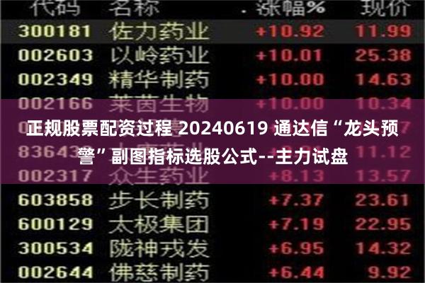 正规股票配资过程 20240619 通达信“龙头预警”副图指标选股公式--主力试盘